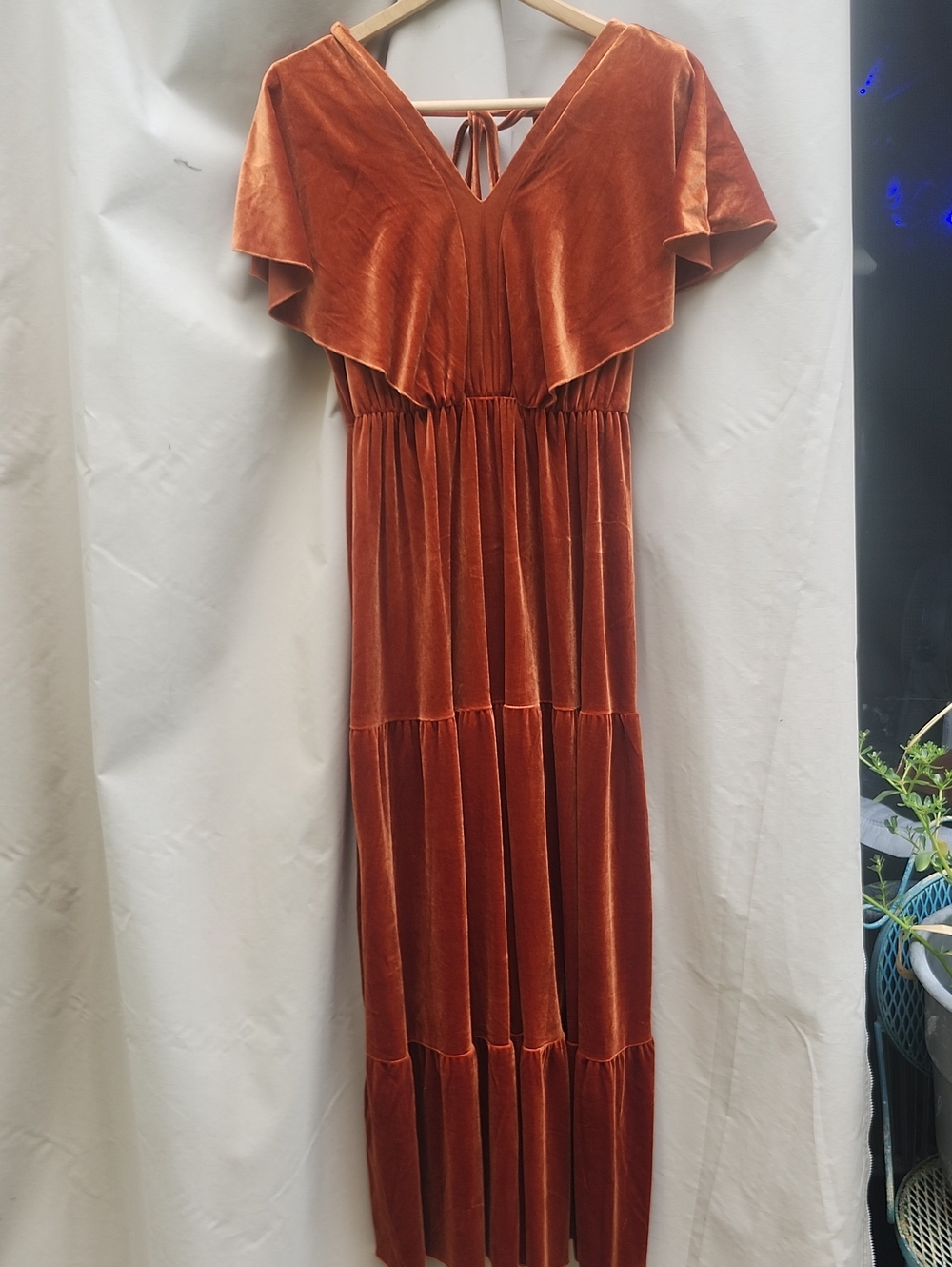 Simple Rust Velvet Maxi Dress with V-Neck and Flutter Sleeves